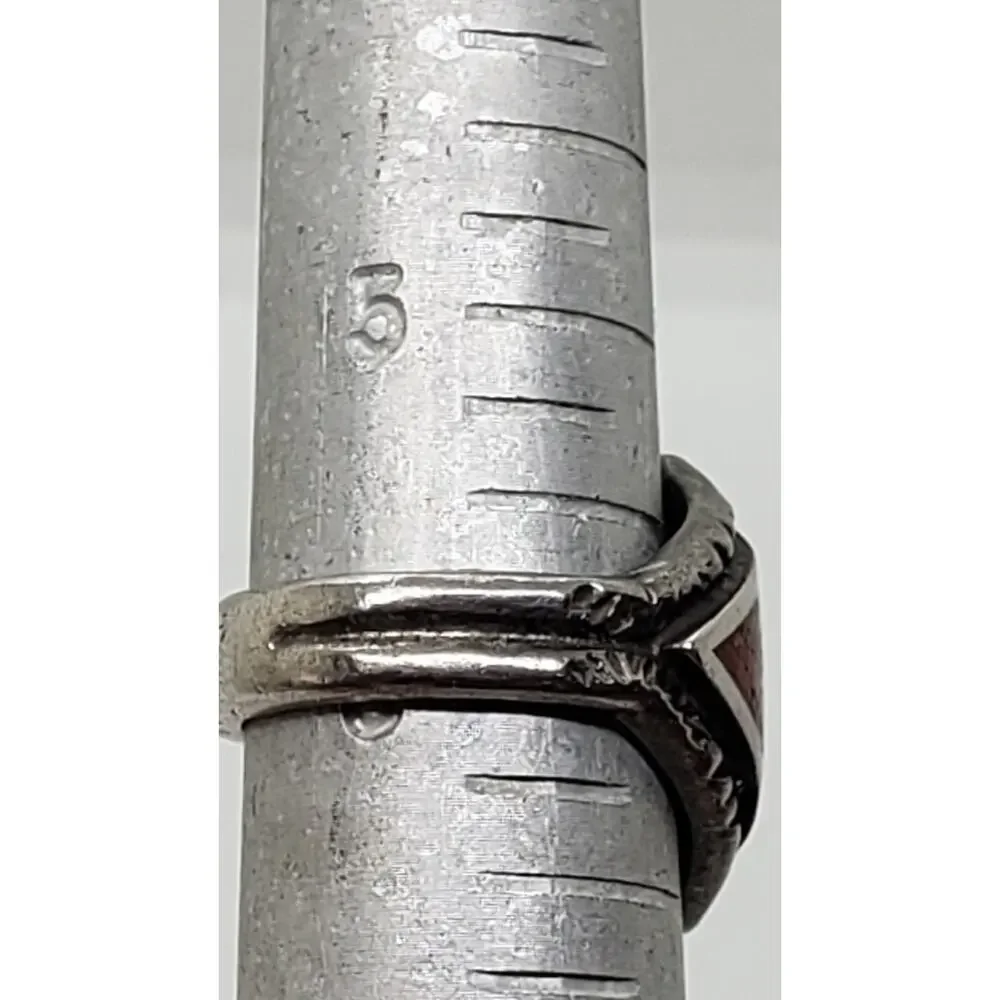 Vintage Native American Navajo Turquoise Coral Inlay Sterling Silver Ring 5.75